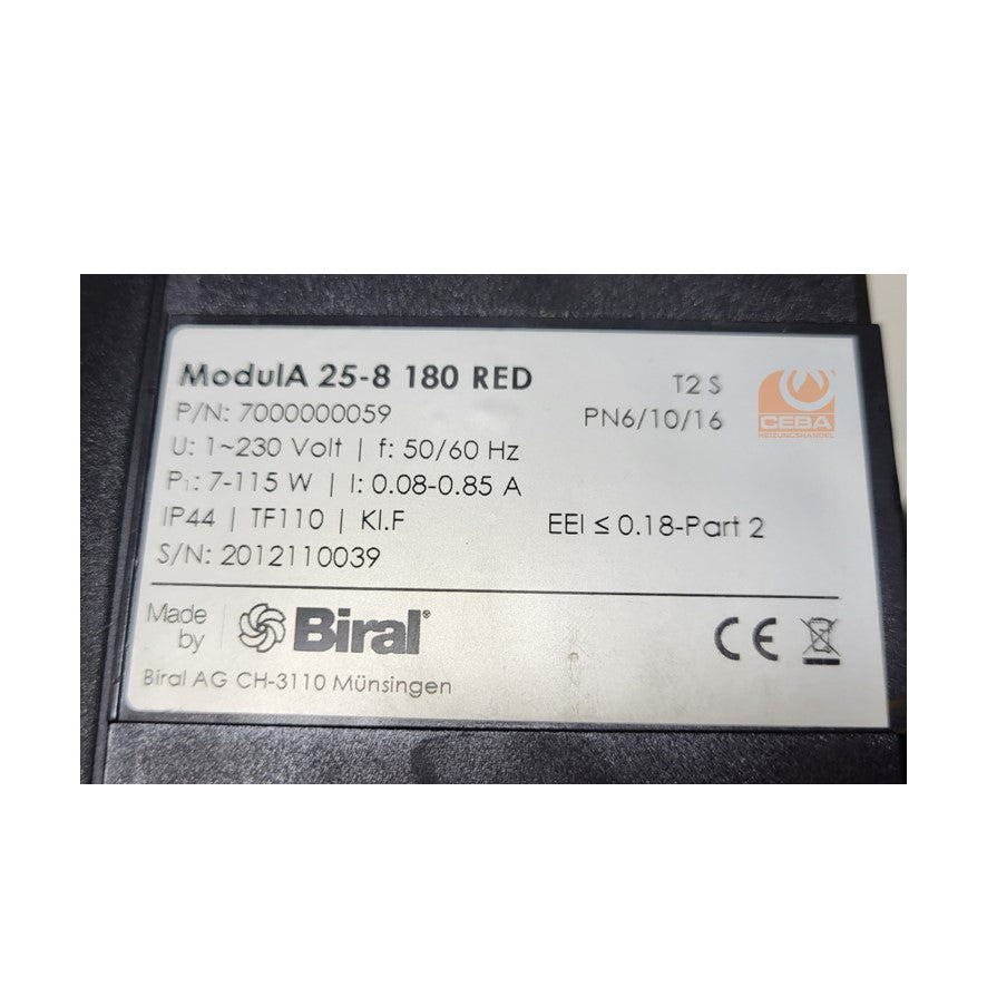 Biral Heizungspumpe Typ: ModulA 25-8 180 RED T2 S P/N: 7000000059